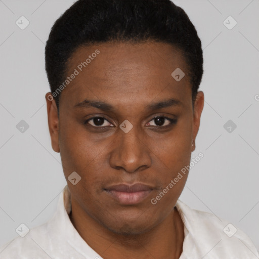 Neutral black young-adult male with short  black hair and brown eyes