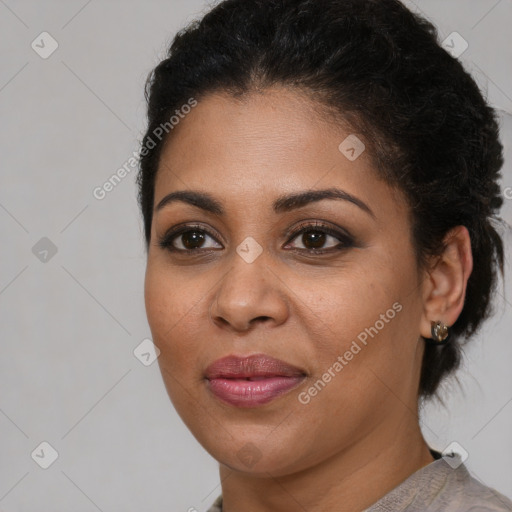 Joyful latino young-adult female with short  brown hair and brown eyes