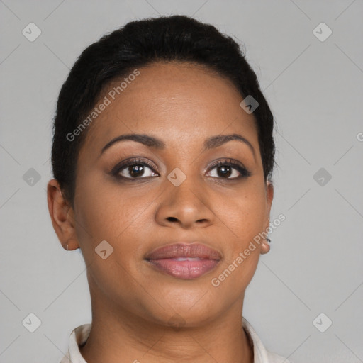 Joyful black young-adult female with short  brown hair and brown eyes