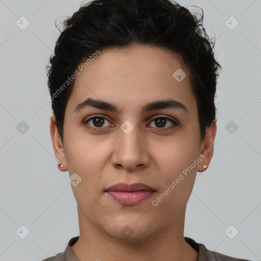 Joyful white young-adult female with short  brown hair and brown eyes