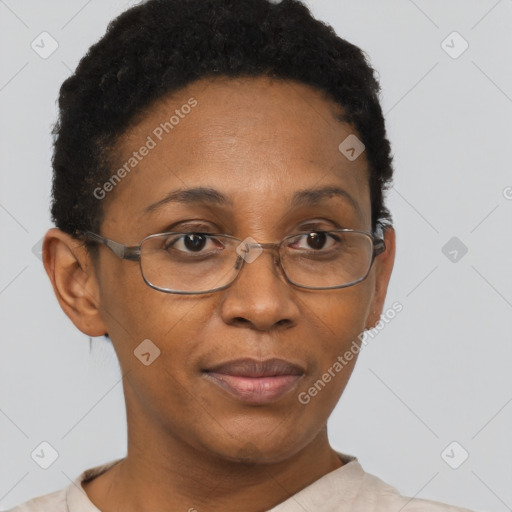 Neutral black adult female with short  brown hair and brown eyes