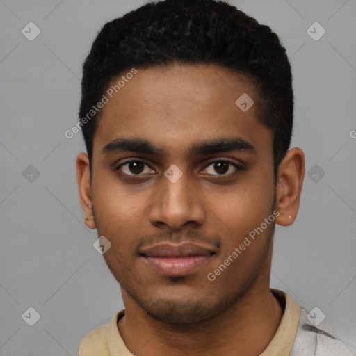 Neutral latino young-adult male with short  black hair and brown eyes