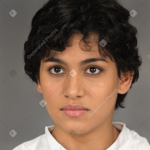 Neutral white young-adult female with short  brown hair and brown eyes