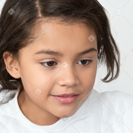 Joyful white child female with medium  brown hair and brown eyes