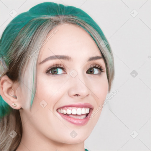 Joyful white young-adult female with long  brown hair and green eyes