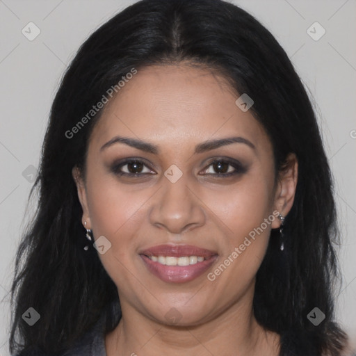 Joyful latino young-adult female with long  brown hair and brown eyes