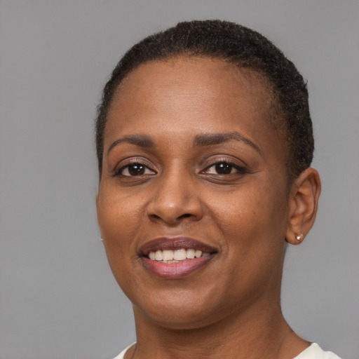 Joyful black young-adult female with short  brown hair and brown eyes