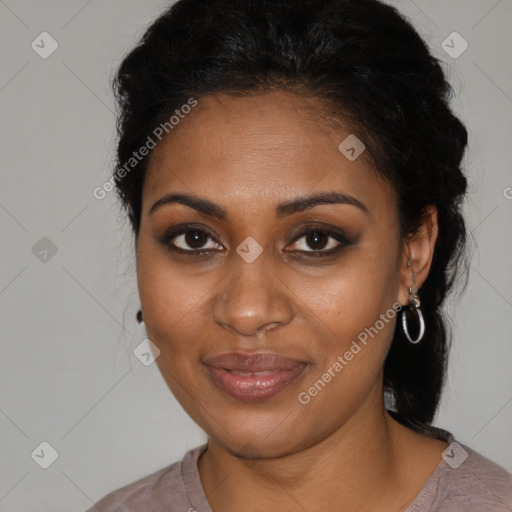 Joyful black young-adult female with medium  brown hair and brown eyes