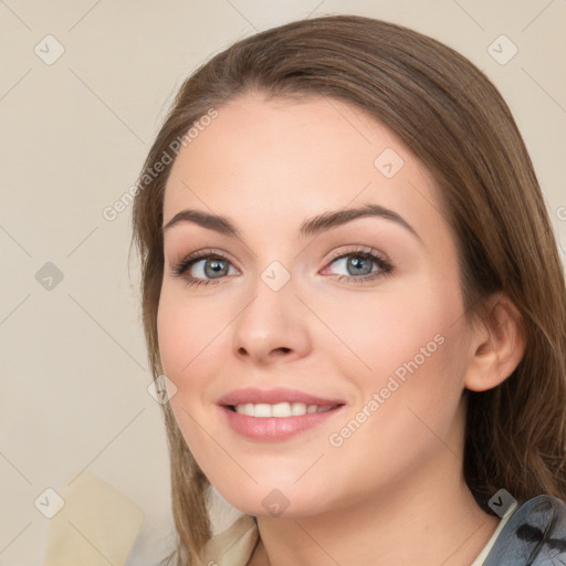 Joyful white young-adult female with medium  brown hair and green eyes