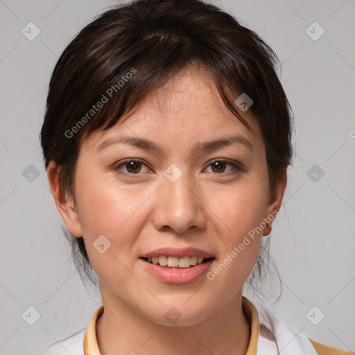 Joyful white adult female with medium  brown hair and brown eyes