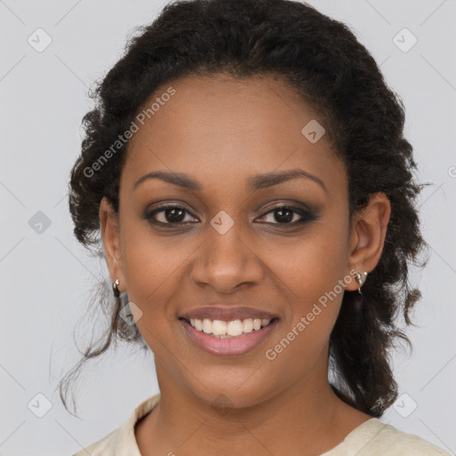 Joyful black young-adult female with medium  brown hair and brown eyes