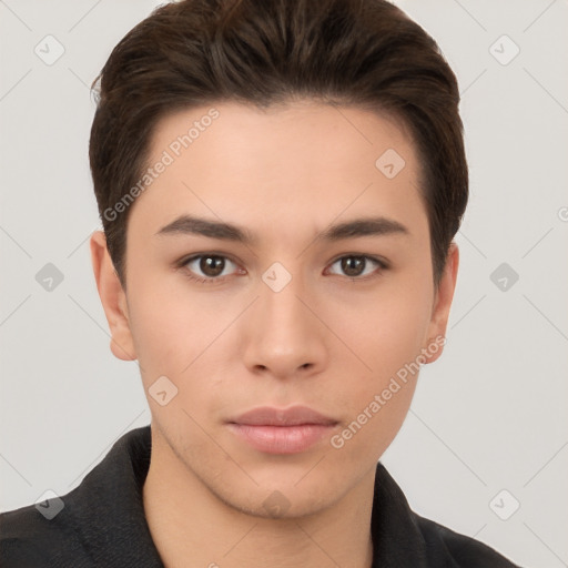 Neutral white young-adult male with short  brown hair and brown eyes