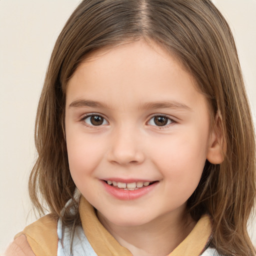 Joyful white child female with medium  brown hair and brown eyes