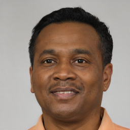Joyful black adult male with short  black hair and brown eyes