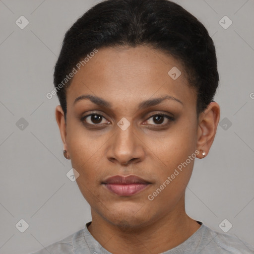 Neutral black young-adult female with short  black hair and brown eyes