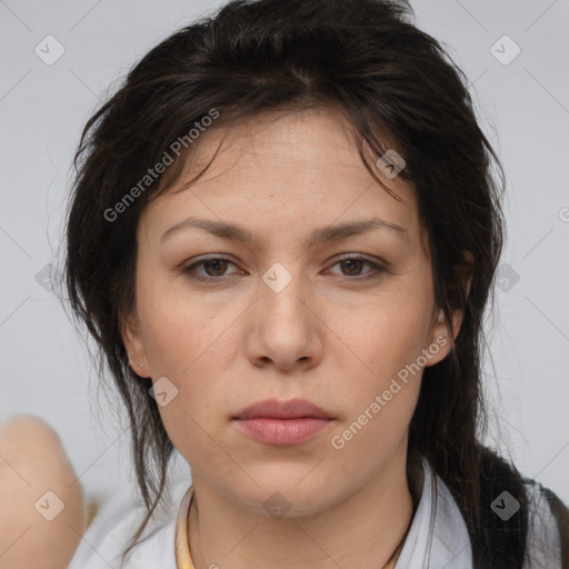 Neutral white young-adult female with medium  brown hair and brown eyes