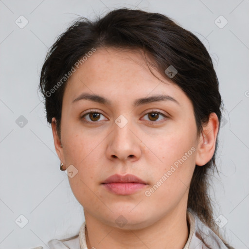 Neutral white young-adult female with medium  brown hair and brown eyes