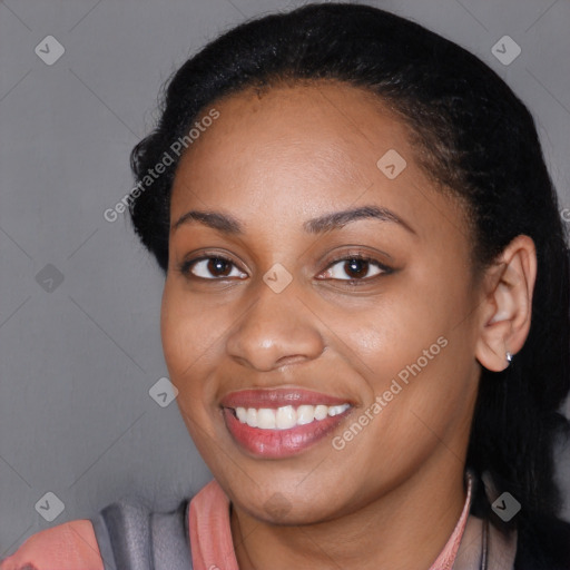 Joyful latino young-adult female with medium  black hair and brown eyes