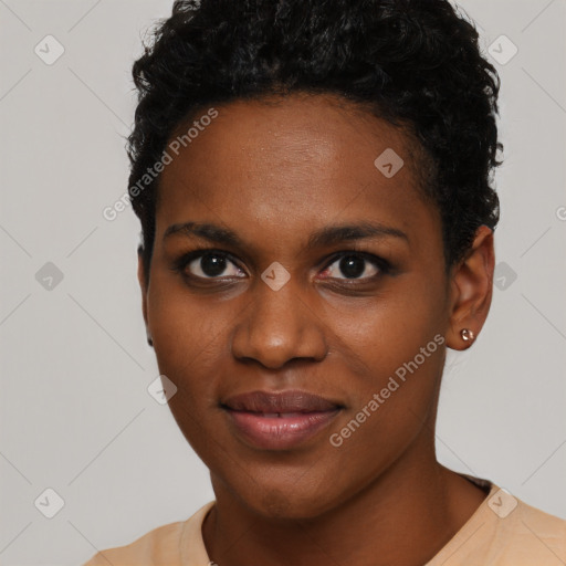 Joyful black young-adult female with short  brown hair and brown eyes