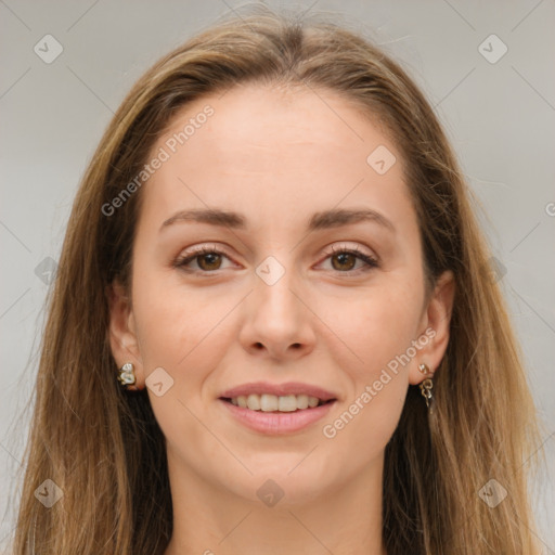 Joyful white young-adult female with long  brown hair and brown eyes