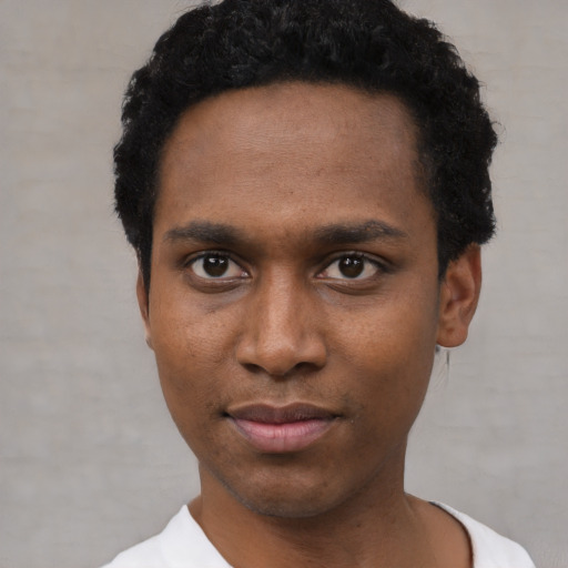 Joyful black young-adult male with short  black hair and brown eyes