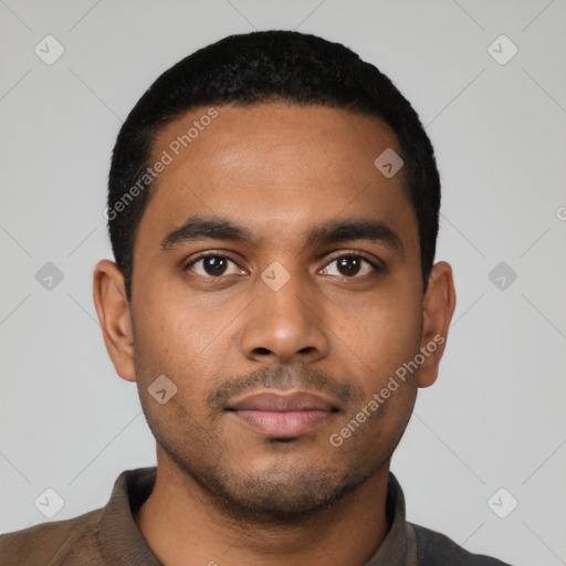 Neutral latino young-adult male with short  black hair and brown eyes