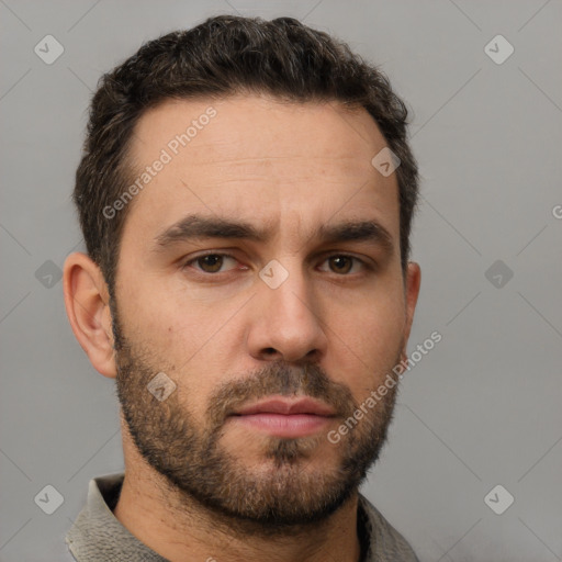 Neutral white young-adult male with short  brown hair and brown eyes