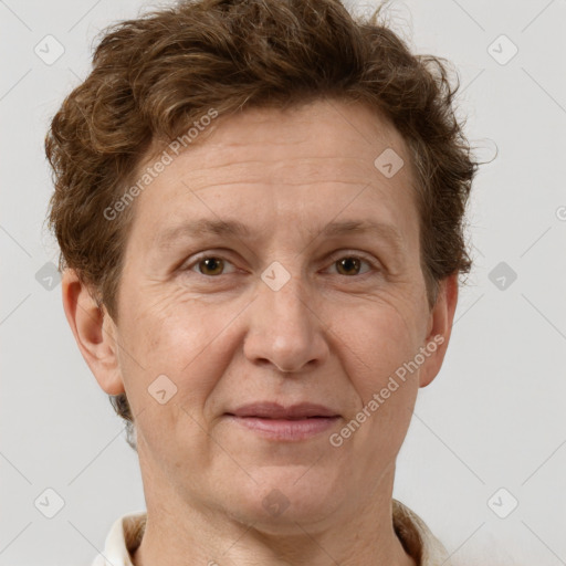 Joyful white middle-aged male with short  brown hair and brown eyes