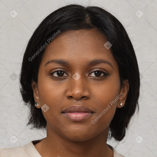 Joyful black young-adult female with medium  black hair and brown eyes