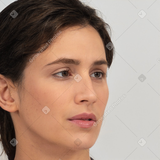 Neutral white young-adult female with medium  brown hair and brown eyes