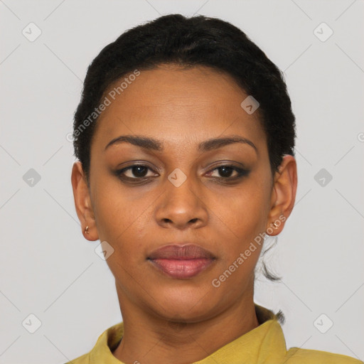 Neutral black young-adult female with short  black hair and brown eyes