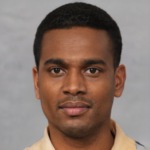 Neutral black young-adult male with short  black hair and brown eyes