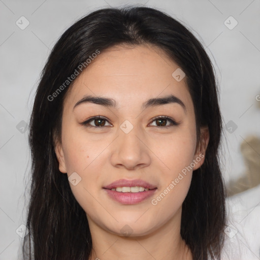 Joyful asian young-adult female with long  black hair and brown eyes