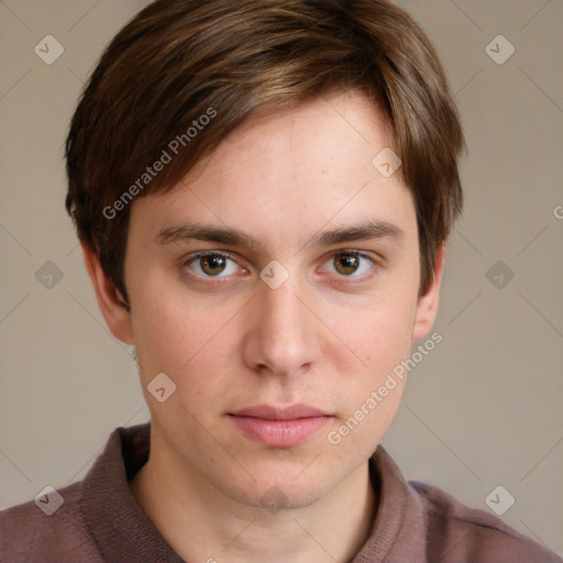 Neutral white young-adult male with short  brown hair and grey eyes