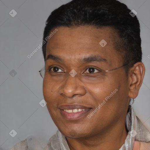 Joyful black adult male with short  brown hair and brown eyes