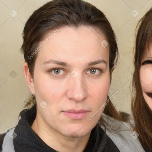 Neutral white young-adult female with medium  brown hair and brown eyes