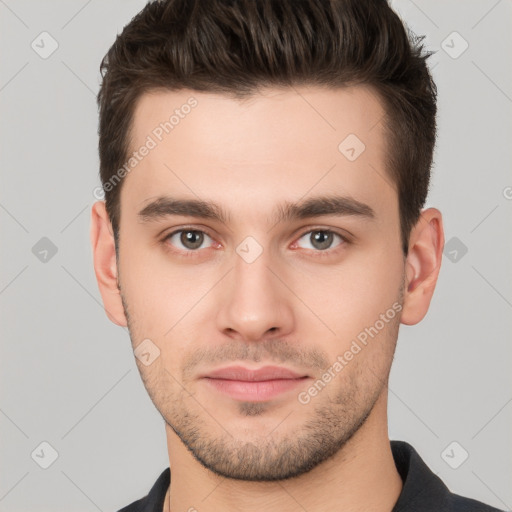 Neutral white young-adult male with short  brown hair and brown eyes