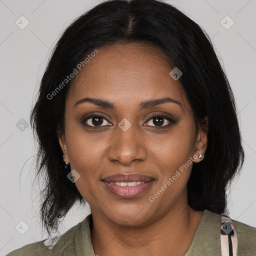 Joyful black young-adult female with medium  black hair and brown eyes