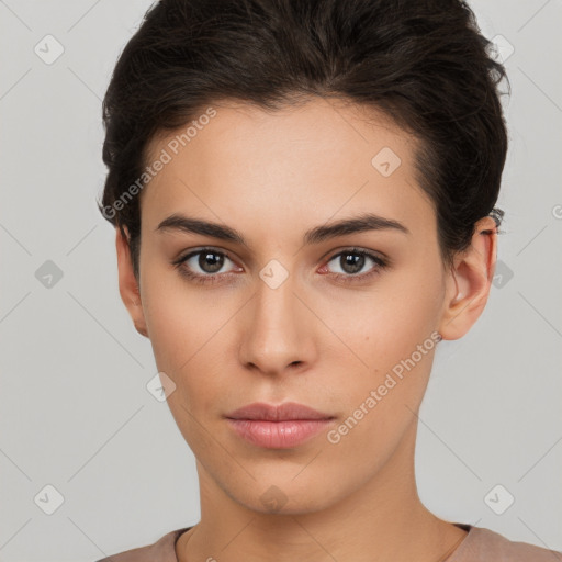 Neutral white young-adult female with short  brown hair and brown eyes