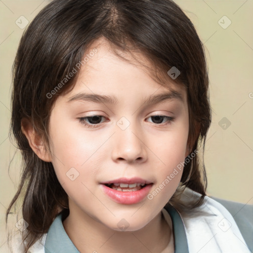 Joyful white child female with medium  brown hair and brown eyes