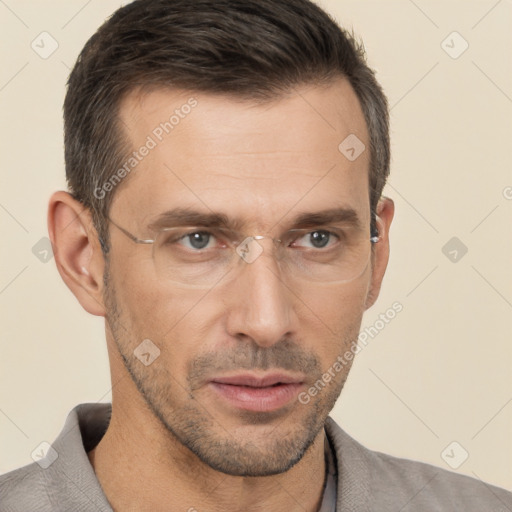 Neutral white adult male with short  brown hair and brown eyes