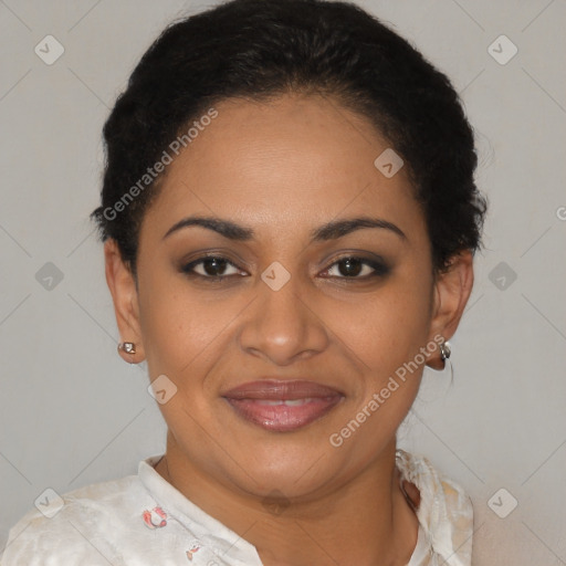 Joyful latino young-adult female with short  black hair and brown eyes