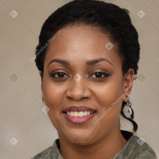 Joyful latino young-adult female with short  black hair and brown eyes