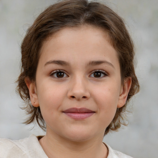 Joyful white child female with medium  brown hair and brown eyes