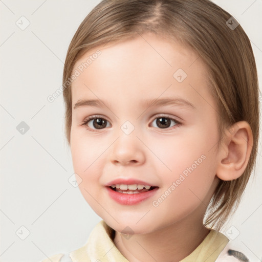 Joyful white child female with medium  brown hair and brown eyes