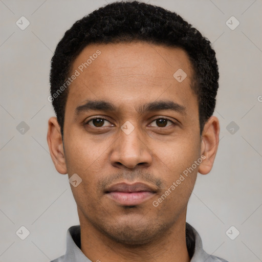 Neutral latino young-adult male with short  black hair and brown eyes
