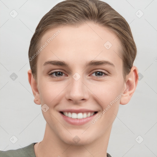 Joyful white young-adult female with short  brown hair and brown eyes