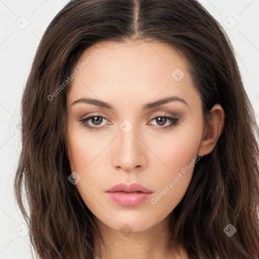 Neutral white young-adult female with long  brown hair and brown eyes