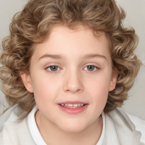 Joyful white child female with medium  brown hair and brown eyes