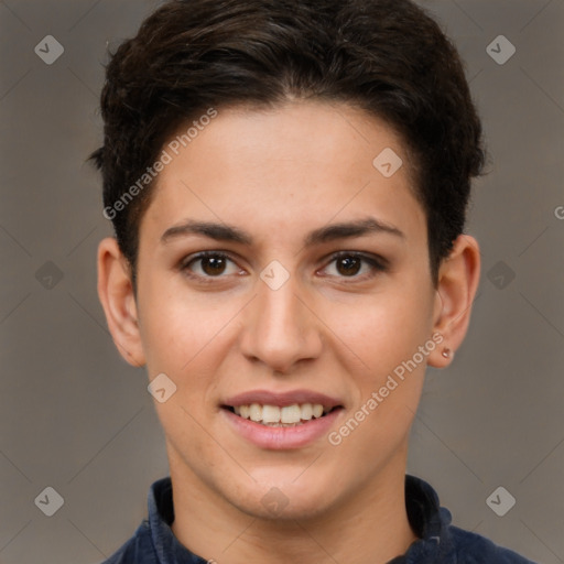 Joyful white young-adult female with short  brown hair and brown eyes